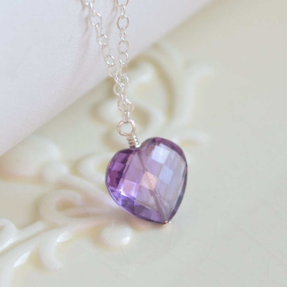 Genuine Amethyst Gemstone Heart Necklace in Sterling Silver